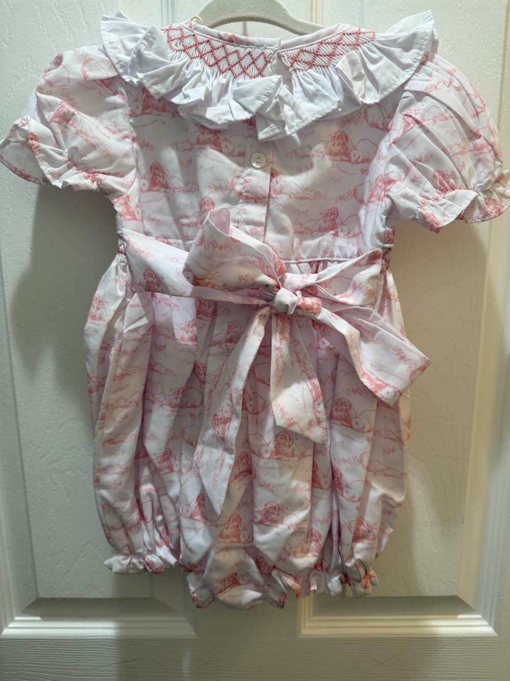 White Romper with Pink Toile Print and Ruffle Collar - Picture 5 of 6